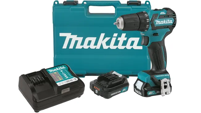 Makita FD07R1 brushless cordless drill with battery, charger, and case on a white background.