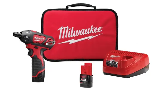 Milwaukee M12 cordless screwdriver, battery, charger, and branded carrying case on white background.