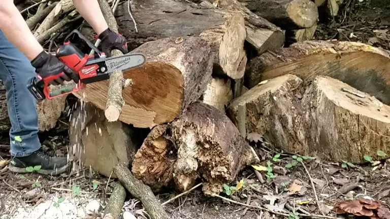 Person cutting branch beside a big log using Milwaukee M12 FUEL Pruning Saw