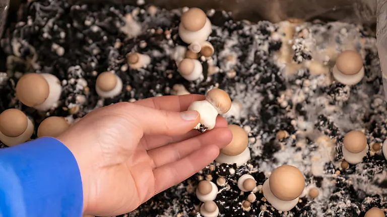 Person picked mushroom from a container