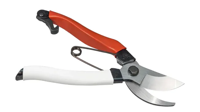 Okatsune 103 Bypass Pruners with closed blades and red and white handles