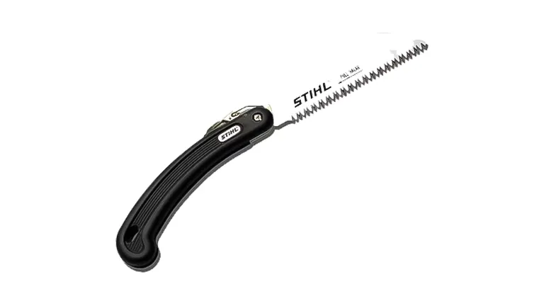 Stihl PS 10 pruning saw with a curved black handle and serrated blade isolated on a white background