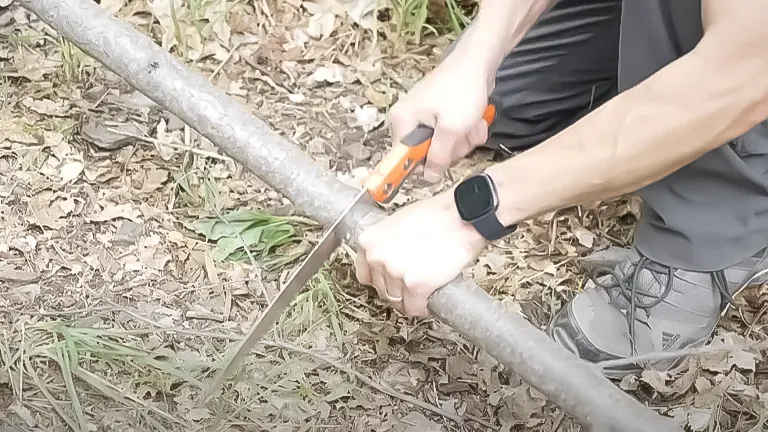 Person using a Stihl PS 60 pruning saw to cut a branch, highlighting the saw’s practical use in a natural setting