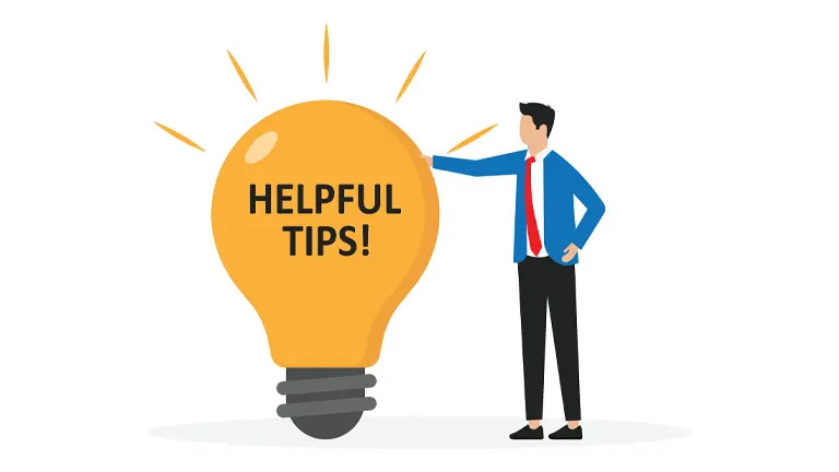 Cartoon of a man pointing to a large light bulb with the words 'HELPFUL TIPS!' on it