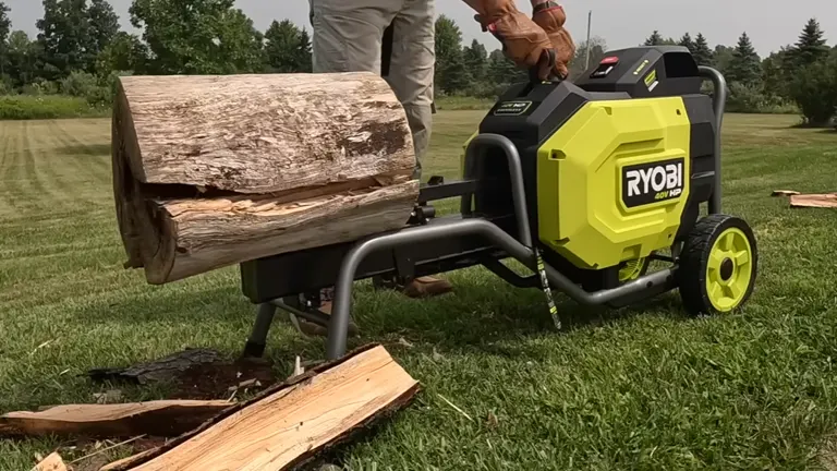 Person splitting big log using Ryobi 40V Kinetic Log Splitter  in a wide area