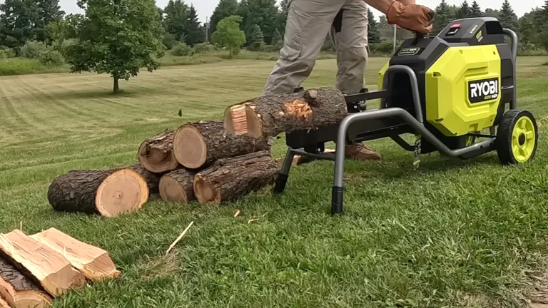 Person using Ryobi 40V Kinetic Log Splitter in a wide area with many logs beside