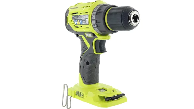Ryobi P252 18V ONE+ brushless drill/driver with belt clip on a white background.