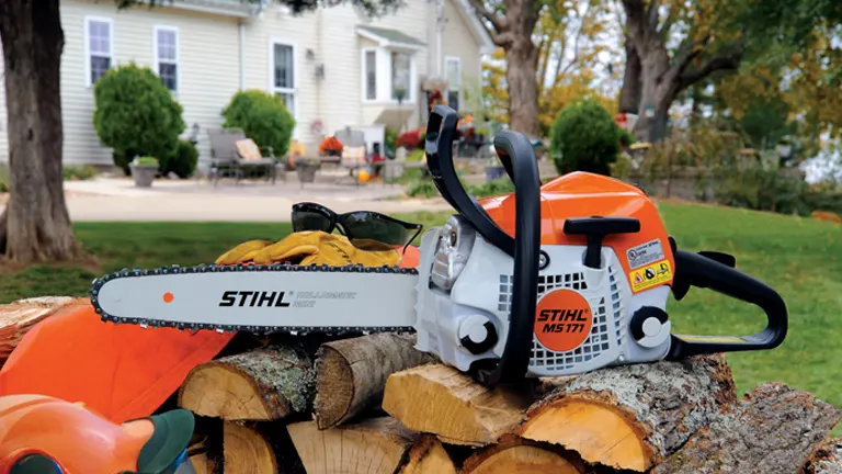 STIHL MS 171 Chainsaw sitting in the logs