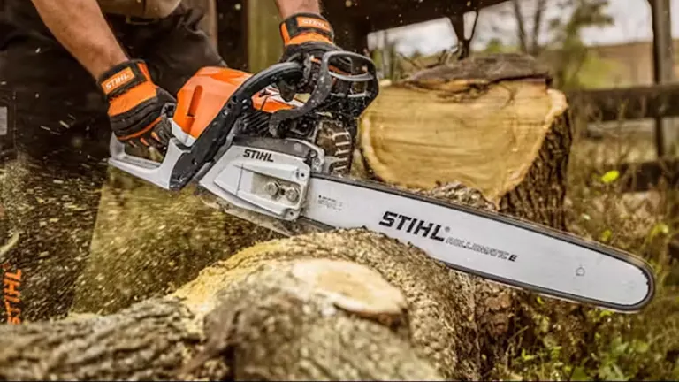 Person using STIHL MS 362 Chainsaw cutting big log
