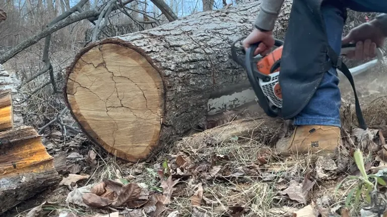 Person cutting big log using STIHL MS 362 Chainsaw