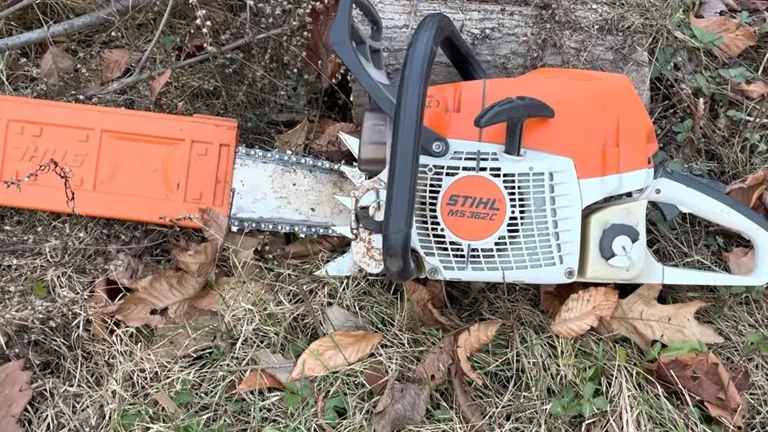 STIHL MS 362 Chainsaw laying on the grass