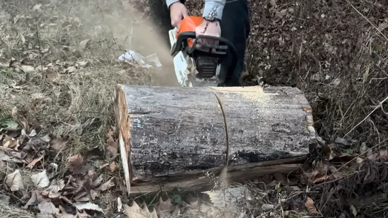 Person using STIHL MS 362 Chainsaw cutting big log 