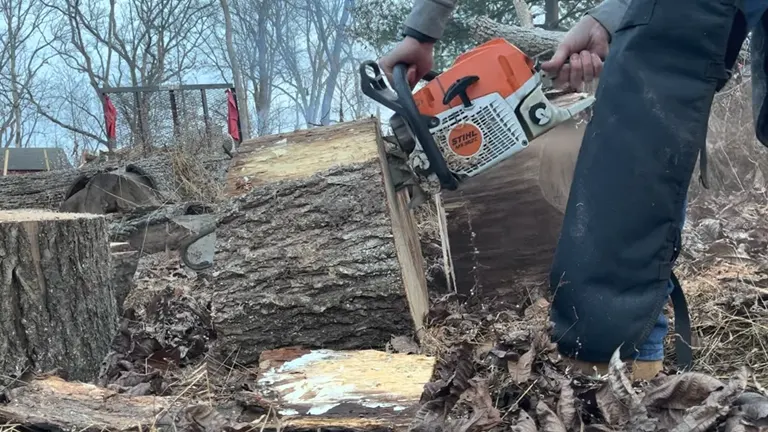 Person using cutting big log in the forest using STIHL MS 362 Chainsaw