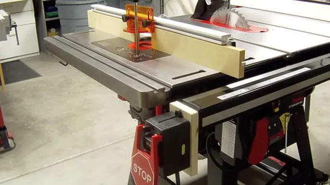 Close-up of a SawStop table saw with wood positioned for cutting, highlighting the safety features.