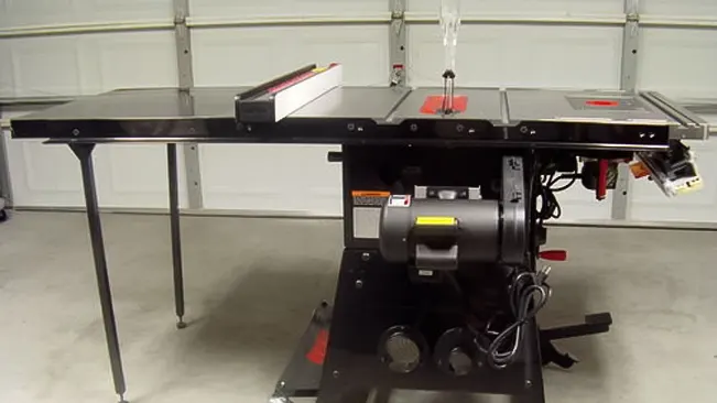 Side view of a SawStop 10-Inch Contractor Saw with motor and side extension table in a garage.