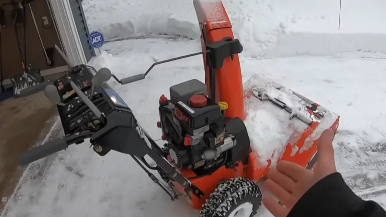 Person introduce the Snow Blower infront of garage