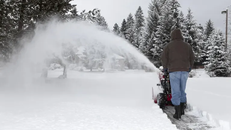 Person pushing Snow Blower in a cold weather