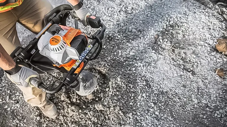 Overhead view of a person holding a Stihl BT 131 Earth Auger on gravel ground