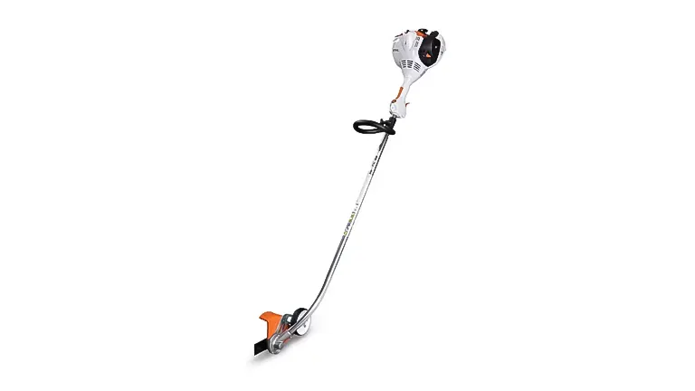 A Stihl FC 56 C-E gas-powered lawn edger with a curved shaft, visible cutting blade, and ergonomic handle design