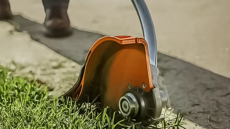 Close-up of a Stihl FC 56 C-E lawn edger's cutting head and wheel at the edge of a sidewalk and grass, with a person's booted feet