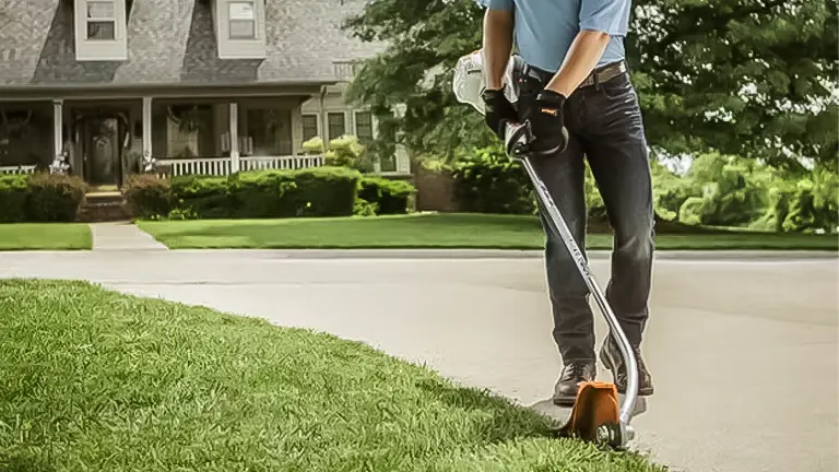 A person using a Stihl FC 56 C-E lawn edger along the edge of a neatly maintained lawn