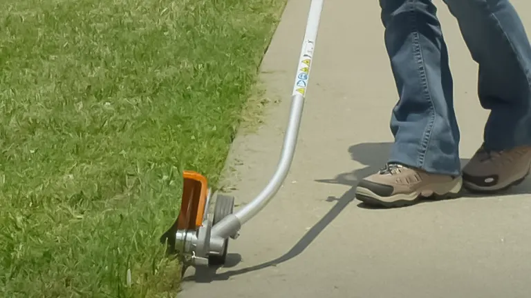 Close-up of the Stihl FC 56 C-E lawn edger in action, with a focus on the curved shaft and the operator's legs on a sidewalk next to grass