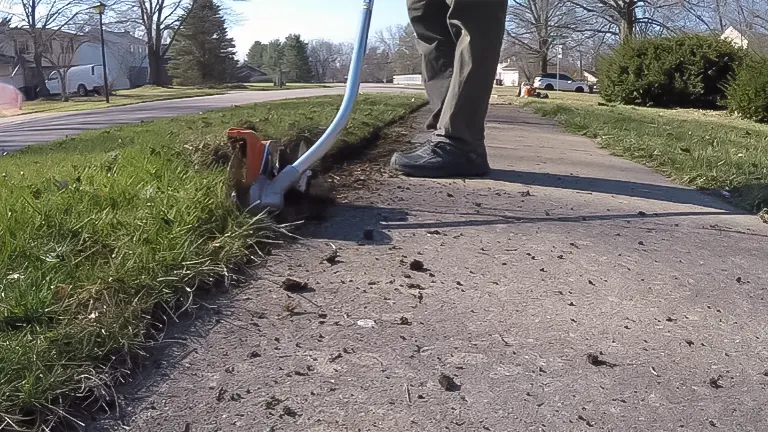 A Stihl FC 56 C-E lawn edger in use, trimming the edge of a grassy lawn next to a sidewalk, with debris scattered on the pavement