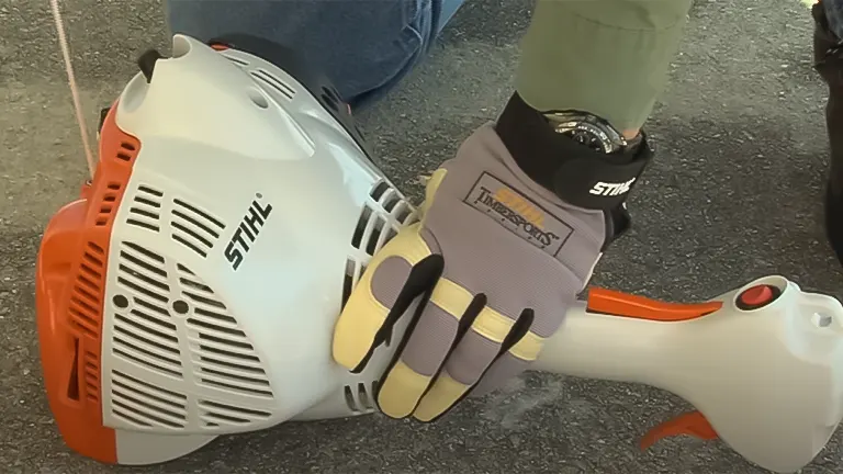 A person wearing gloves adjusts the handle of a Stihl FC 56 C-E lawn edger, focusing on the engine housing and throttle control