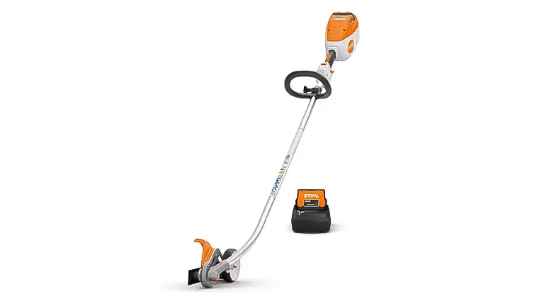 The image depicts a Stihl FCA 80 lawn edger with a visible battery pack attached