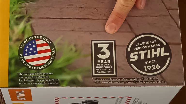 Product packaging for Stihl FCA 80 lawn edger highlighting its American manufacturing, 3-year warranty, and the brand's legacy since 1926