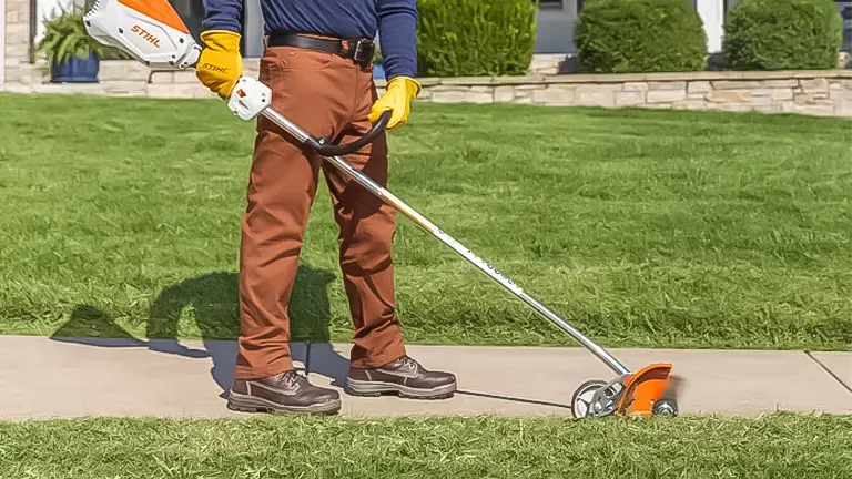 Individual operating a Stihl FCA 80 lawn edger on grass next to a sidewalk