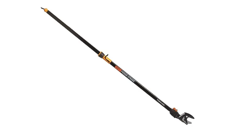 Black extendable pole tree pruner with a cutting mechanism at the end