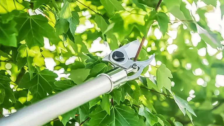 Manual long-reach pruner trimming a branch amid green leaves