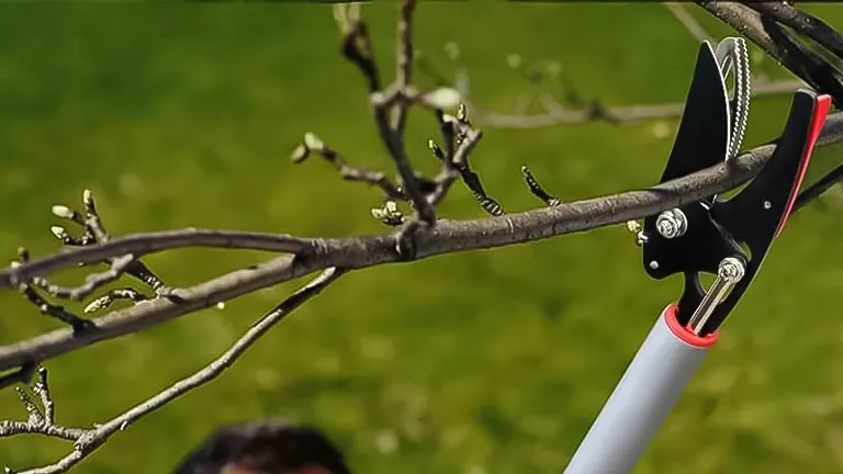 Close-up of a manual long-reach pruner trimming a bare tree branch