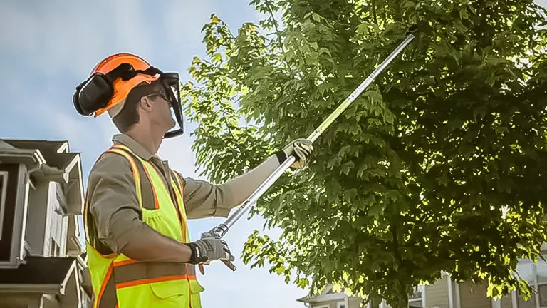 A person in safety gear using a long-reach pruner to trim a tree
