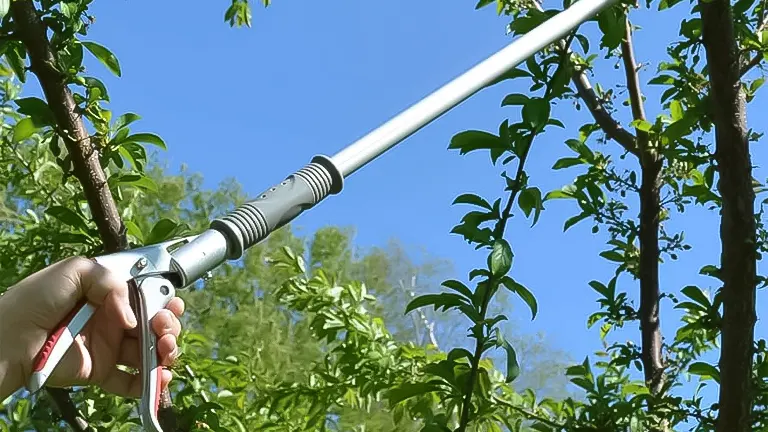 A person's hand using a Stihl PP 101 Long Reach Pruner with foliage