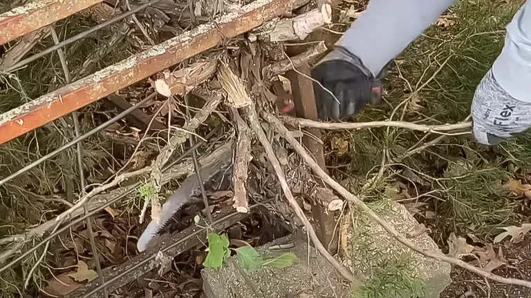 Hand in a black glove using a Stihl PS 90 saw to cut through a pile of branches on the ground