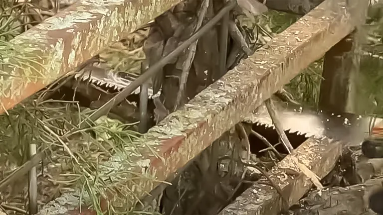Stihl PS 90 saw cutting through a thick branch, showing the blade in mid-action