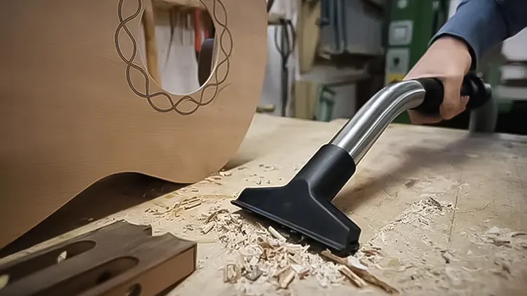 Vacuuming sawdust from a workshop table with a Stihl vacuum cleaner