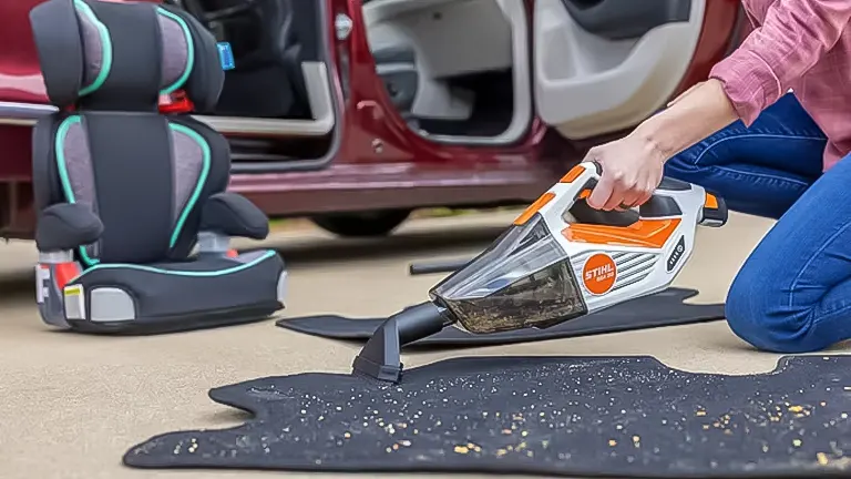 The Stihl SEA 20 Cordless Vacuum Cleaner being used to clean a car mat on the ground near an open car door and child’s car seat