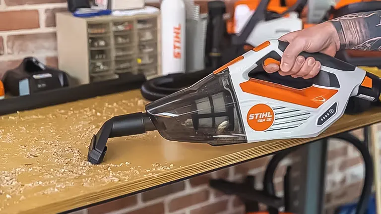 A person using the Stihl SEA 20 Cordless Vacuum Cleaner to clean up sawdust on a workbench