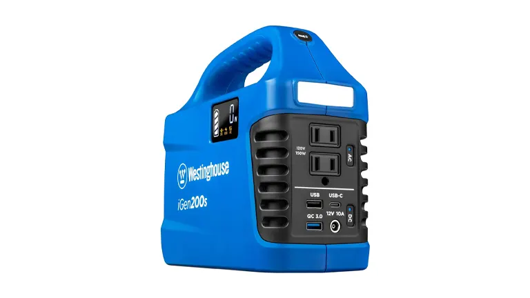 A compact Westinghouse iGen200s portable power station in blue with a variety of outlets including AC, DC, USB, and USB-C ports visible on the front panel