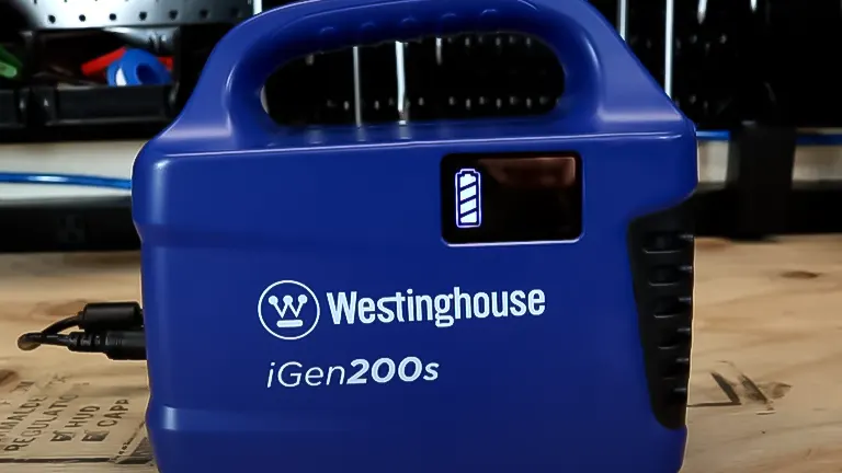 Side view of a blue Westinghouse iGen200s portable power station on a workbench, with battery level indicator lit up