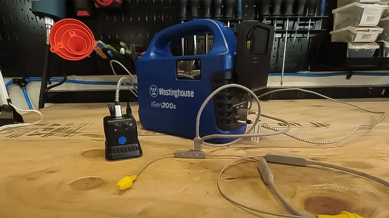 Blue Westinghouse iGen200s portable power station on a workbench connected to a device and cables