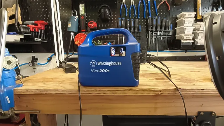 Westinghouse iGen200s portable power station on a wooden bench, connected to a black power cord, against a workshop backdrop