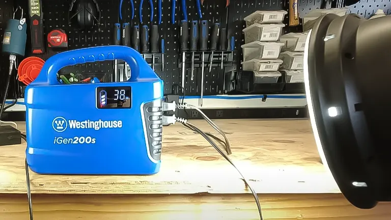 Blue Westinghouse iGen200s portable power station on a workbench, actively charging a device, with LED display showing power level
