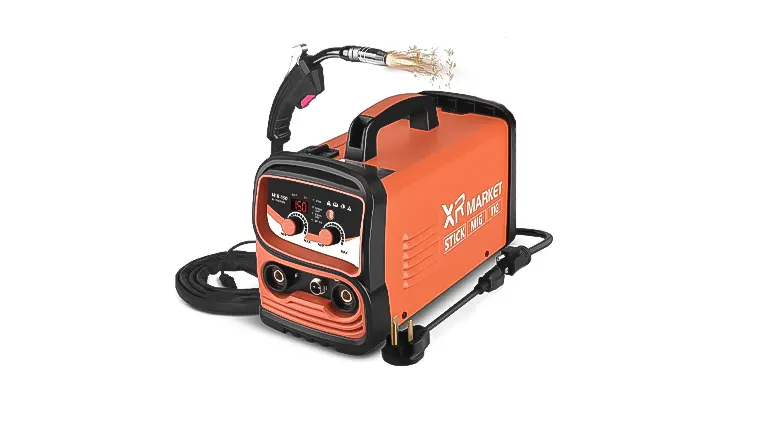 Compact orange XR MARKET 150Amp Dual Voltage Welder Machine with front control panel and attached welding torch