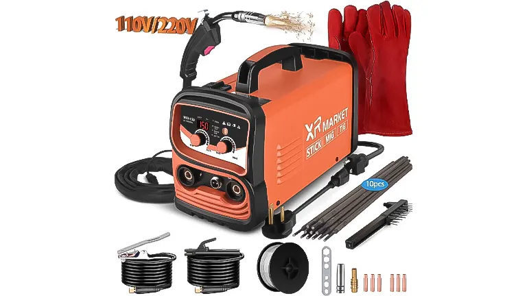 Orange XR MARKET 150Amp Dual Voltage Welder with accessories including gloves, cables, and welding rods