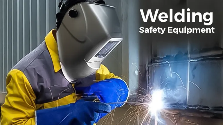 Welder in protective gear using welding equipment with the text 'Welding Safety Equipment' displayed