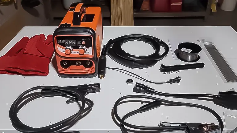 XR MARKET 150Amp Dual Voltage Welder on a table with welding gloves, power cables, wire, and other accessories
